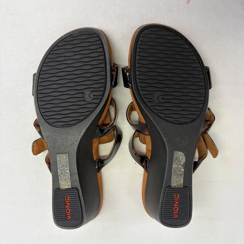 Vionic Radia Wedge Sandals Women 7 Tortoise Shell Patent Strappy Orthopedic